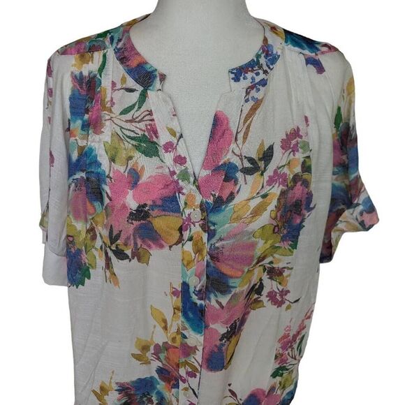 Go Fish Colorful Floral Print Button Down Blouse Round Split Neck Women Size M - Picture 2 of 9